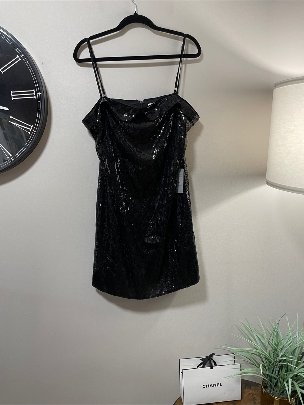 Astr Black Sequin Mini Dress with Spaghetti Straps